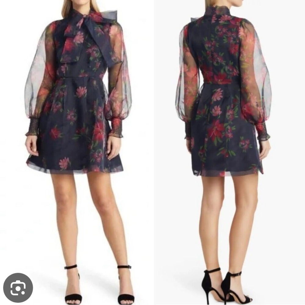 Rachel Parcel Floral Tie Neck Organza and Satin Dress Size 2 EUC Holiday dress